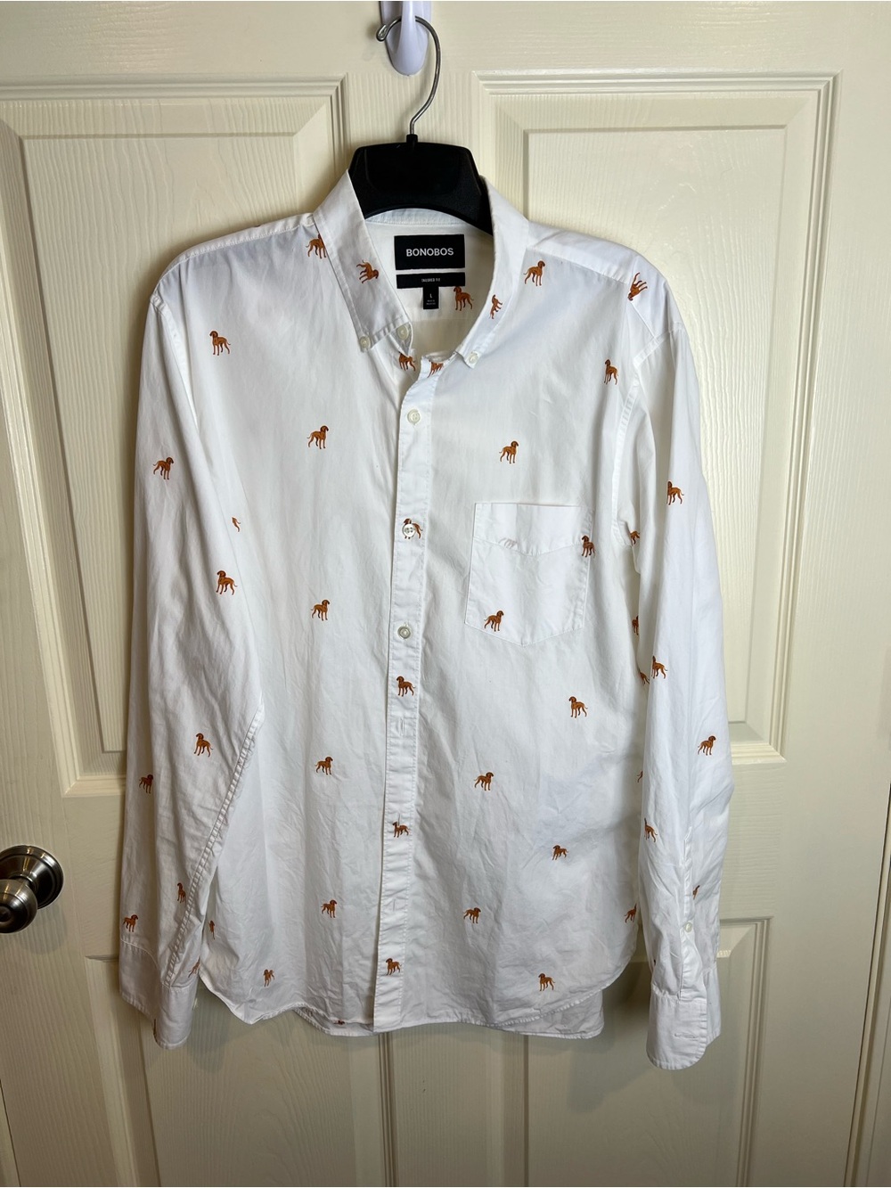 Bonobos White Button-Down Shirt with Brown Vizsla or Ridgeback dog large